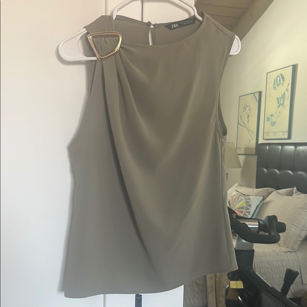 Zara Olive Gree Asymmetrical Sleeveless Top for Work